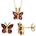 Jewelry : 10k Yellow Gold 18" Chain, w/ 3/8" (10mm) tall Butterfly Pendant & 5/16" (8mm) tall Earrings Set, w/ 1.20 Carats Garnet Stones