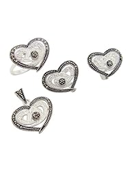 Sterling Silver Ring, Pendant and Earrings Heart Set with Marcasite and Clear Rhinestone