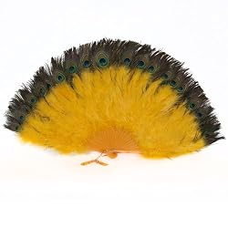 Gold Marabou Feather Fan with Peacock Tips