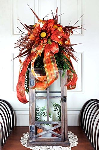 Tall Fall Lantern - Wood Metal Lantern - Embellished Autumn Lantern - Sunflower Bow Spray Fall Lantern - Raz Imports Lantern - Candle Holder - Pleasant Expressions
