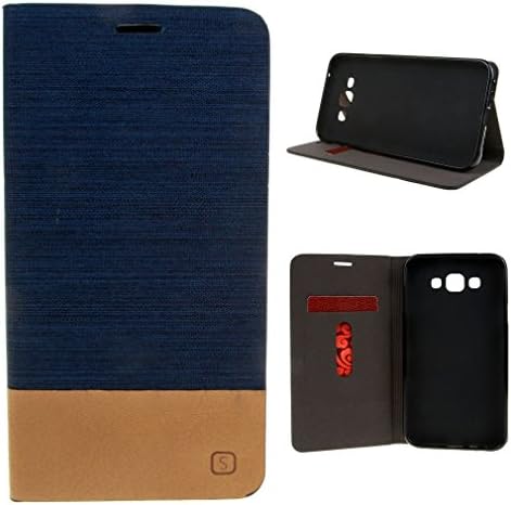 For Galaxy E5 SM-E500F , Fernando Zou Ultra Thin Book Style Jean Stripe Hybrid PU Leather and Soft TPU [ Card Holder Slot ] Flip Stand Folio Protective Case Cover for Samsung Galaxy E5 SM-E500F + Screen Protector + Stylus [ Dark Blue ]