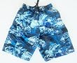 Mens Swim Trunks with Elastic Waist, 2 Side Inseam Pockets, 2 Side Cargo Pockets. Faux Fly Front, Mesh lined. Blue/Leaf Print Sizes S-XL