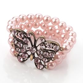 Pearl & Crystal Butterfly Fashion Bracelet  Pink & Burnt Gold