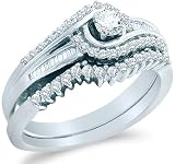 10k White Gold Diamond Ladies Womens Bridal Engagement Ring with Matching Wedding Band Two 2 Ring Set Solitaire with Side Stones Channel Set Cross Over Round Brilliant and Baguette Cut Diamond Ring (1/2 cttw)