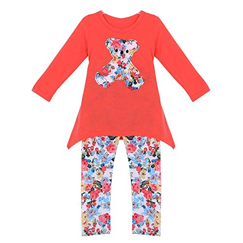 Molil Kids Girls Long Sleeve Irregular Hem Floral Shirt Pants Outfits Set Red Medium