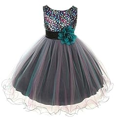Girls Sleeveless Tea Length Mesh  Beaded Sequined Two-Toned Flower-Girl Dress  With Ruffles