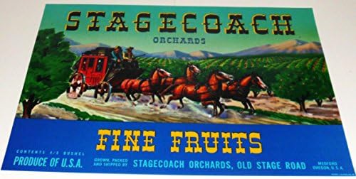 Stagecoach Orchards Fruit Label - Blue background - 1940's - 7.5" x 10.5".