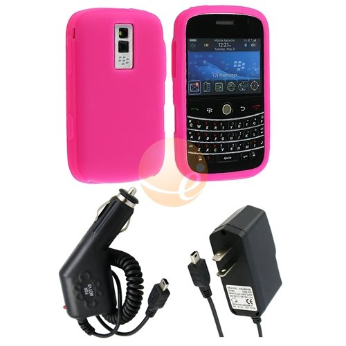 Home Travel Charger + Rapid Car Charger + Pink Durable Flexible Soft Silicone Skin Case for RIM Blackberry 9000 Bold Smartphone