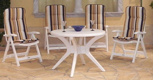 Garten Garnitur 9tlg. Gartentisch Milano Ø100cm + 4x Marina Klappstuhl +Auflage 9623 weiß Garten Garnitur 9tlg. Gartentisch Milano Ø100cm + 4x Marina Klappstuhl +Auflage 9623 weiß