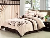 7 Pieces Beige and Coffee Brown Embroidery Asian Floral Micro Suede Comforter Set Bed-in-a-bag Queen Size Bedding