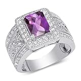 Majestic 2.00 carats total weight Radiant Cut Checker Board Amethyst & White CZ Size 8 Gemstone Ring in Sterling Silver