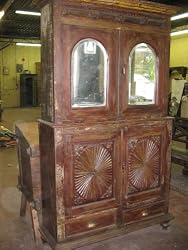 Antique India Armoire Carved Sun Dial Hutch Mirror Cabinet Teak Ochre Patina78x44x16