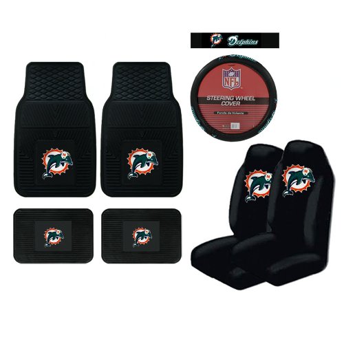 A Set of 4 Universal-Fit NFL All Weather Vinyl Floor Mats, 2 Front Universal Fit Bucket Style Seat Covers, and a Comfort Grip Steering Wheel Cover - Miami Dolphins