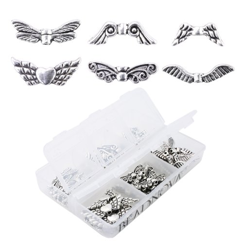 Beadnova Vintage Assorted Tibetan Silver Plated BUTTERFLY Wing Charm Beads Spacer Jewelry Findings Parts 60 pcs With Container Box