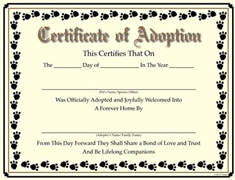 Pet Certificate of Adoption and Rescue with Personalized Information and Heartwarming Sentiment