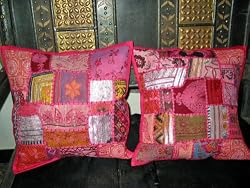 2 Cushion Covers Salmon Sari Patchwork Floral Embroidered Pillow Throw 16"