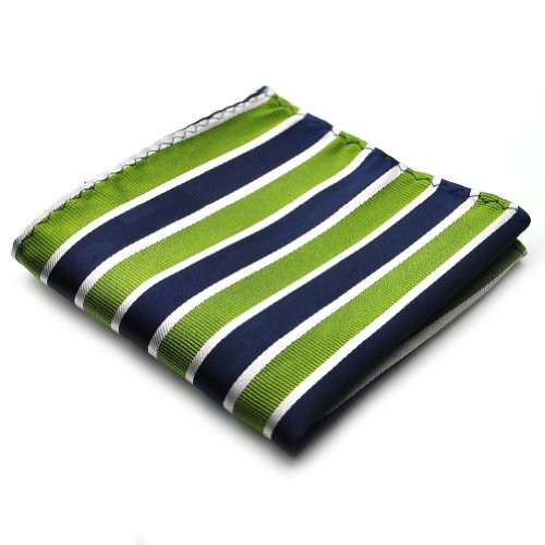PenSee 100% Silk Woven Navy & Green & Grey Stripe Pocket Square