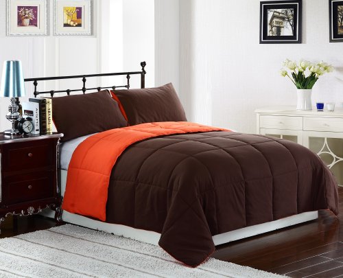3 Piece Reversible Goose Down Alternative Comforter Set, with Anti-Microbial finish, Tangerine, Orange, Brown Bed Cover Queen Size Bedding