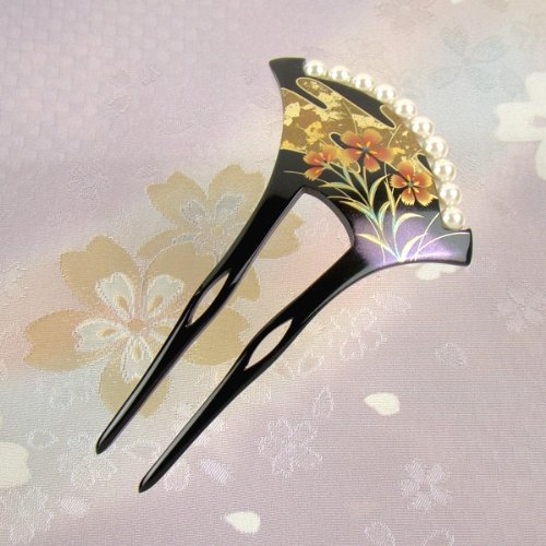 バチ型パール簪(かんざし)霞に撫子 成人式 結婚式 黒留袖 振袖用 袴