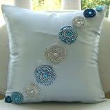 Aqua Rings - Throw Pillow Covers - Satin Pillow Cover with Crystals and Fancy Cord Embroidery