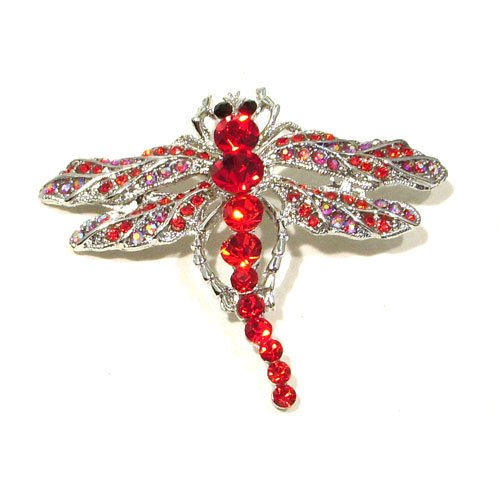Red Austrian Rhinestone Dragonfly Silver-Plated Brooch Pin
