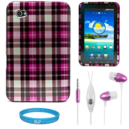 Premium Two Piece Pink Plaid Design Protective Hard Crystal Case Cover for Samsung Galaxy Tab P1000 7 inch LCD Display Screen Wifi 3G Tablet + Hifi Handsfree Headphones with Mic + SumacLife TM Wisdom Courage Wristband