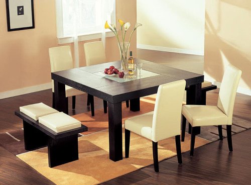 Brilliant Modern Wenge Wood Dining Table with 4 Beige Chairs and 2 Benches Dining Room Set