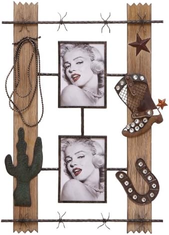 Woodland Import Western Style Wood and Metal Wall Plaque with Two Picture Frames, Brown, Wood, Various Size Sets