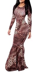 Long Sleeves Full Length Mermaid Leopard Print Dots Print Polyester/Spandex Stretchy Round Neck Bodycon Dress 