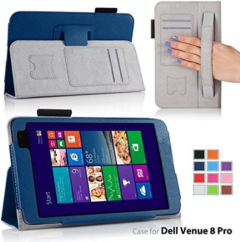 FOR Dell Venue 8 PRO PREMIUM QUALITY PU LEATHER FOLIO PROTECTIVE CASE COVER STAND, MICROFIBER INNER, STYLUS SLOT, Hand Strap and Credit Cards Holders!