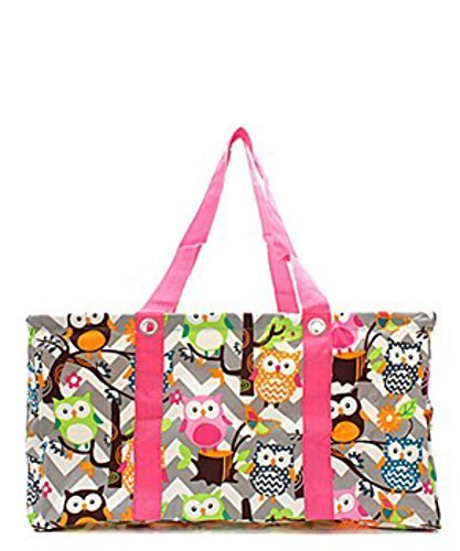 Owl Chevron Large Utility Tote With Hot Pink Trim