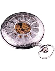Skeleton Pocket Watch Steampunk Mechanical Movement Hand Wind Silver Tone Half Hunter White Dial with Arabic Numerals PW-66