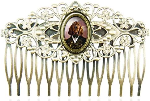 Filigree hair comb with with oval glass cabochons protecting a design with a dog dressed up an army general