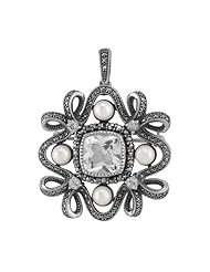 925 Sterling Silver Colourless Topaz, Marcasite & Freshwater Pearl Brooch