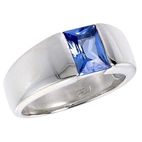 Buy Sterling Silver 1.5 Carat Size Emerald Cut Blue Topaz Colored CZ Mens Ring by Sabrina Silver