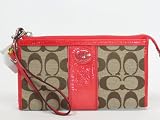 NEW AUTHENTIC COACH SUTTON SIGNATURE ZIPPY WALLET WRISTLET (Khaki/Coral)