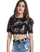 Persun Women's Black Tasseled Trims Sequin Floral Lace Sheer Crop Top