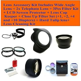 Nikon D3000, D5000, D7000, D3100, D5100 Digital SLR Camera Lenses Accessory Kit Includes Wide Angle Lens + 2x Telephoto Lens + 3pcs Filter Kit + LCD Screen Protector + Lens Cap Keeper + Close up Filter Set (+1, +2, +4 and +10 Diopters) + Hard Tulip Lens Hood + Lens Cleaning Kit