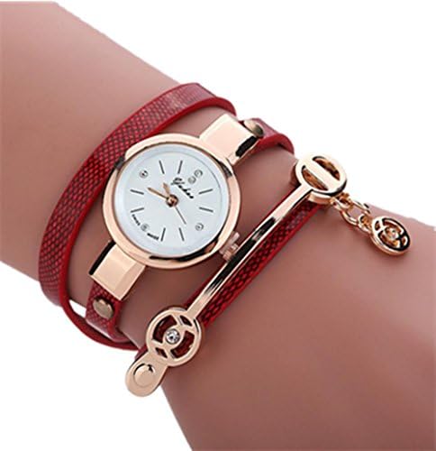 Omita® Women Vintage Leather Strap Metal Bracelet Watch Wristwatch (Red)