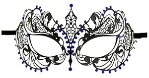 Luxury Mask Women's Laser Cut Metal Venetian Pretty Masquerade Mask, Black/Blue Stones, One Size
