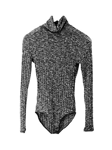 Persun Women's Dark Grey Turtleneck long sleeve Mixed Cable Knitted Bodysuit