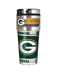 Sports: NFL Green Bay Packers Metallic Travel Tumbler, Stainless Steel and Black Vinyl, 16-Ounce - Great American Products