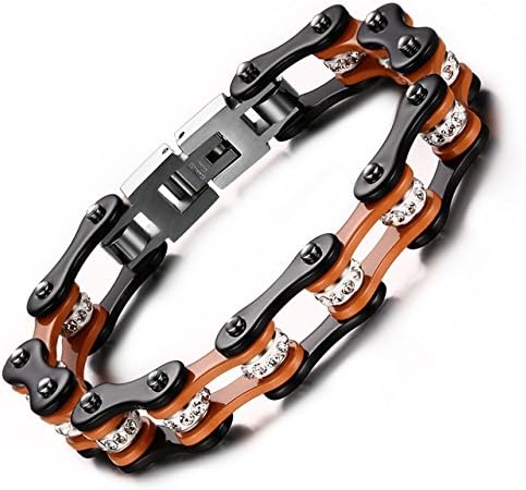 Stainless Steel Bike Chain Bracelet for Men's or Women's with Shiny Rhinestones,Bold and Chunky(Black+Yellow)