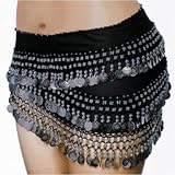 SEXY BELLY DANCER COSTUME HIP SCARF - BLACK WITH SILVER COINS