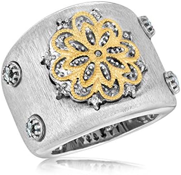18K Yellow Gold and Sterling Silver Ring with Filigree, Diamonds and Blue Topaz