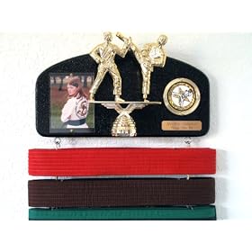 Martial arts belt display with a KICK ! Midn. trophy dbl.