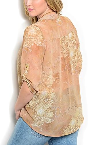 DHStyles Women's Plus Size Sheer Cuffed Sleeves V Neck Top-1X - Taupe