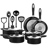VREMI 15 pcs Non Stick Black Cookware set, Cool Touch Handles, Oven Safe, PTFE and PFOA free