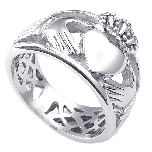 KONOV Mens Womens Stainless Steel Ring, Claddagh Heart Crown Wedding Band, Silver