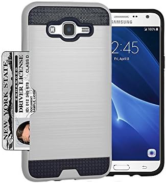Samsung J7 Case, IECUMIE Brushed Armor Slim Fit Skin Cover Case with 1 Card Slot Wallet Feature for Samsung Galaxy J7 / J700 [Fits ONLY J700] - Silver (Package include an Ultra Clear Tempered Glass)